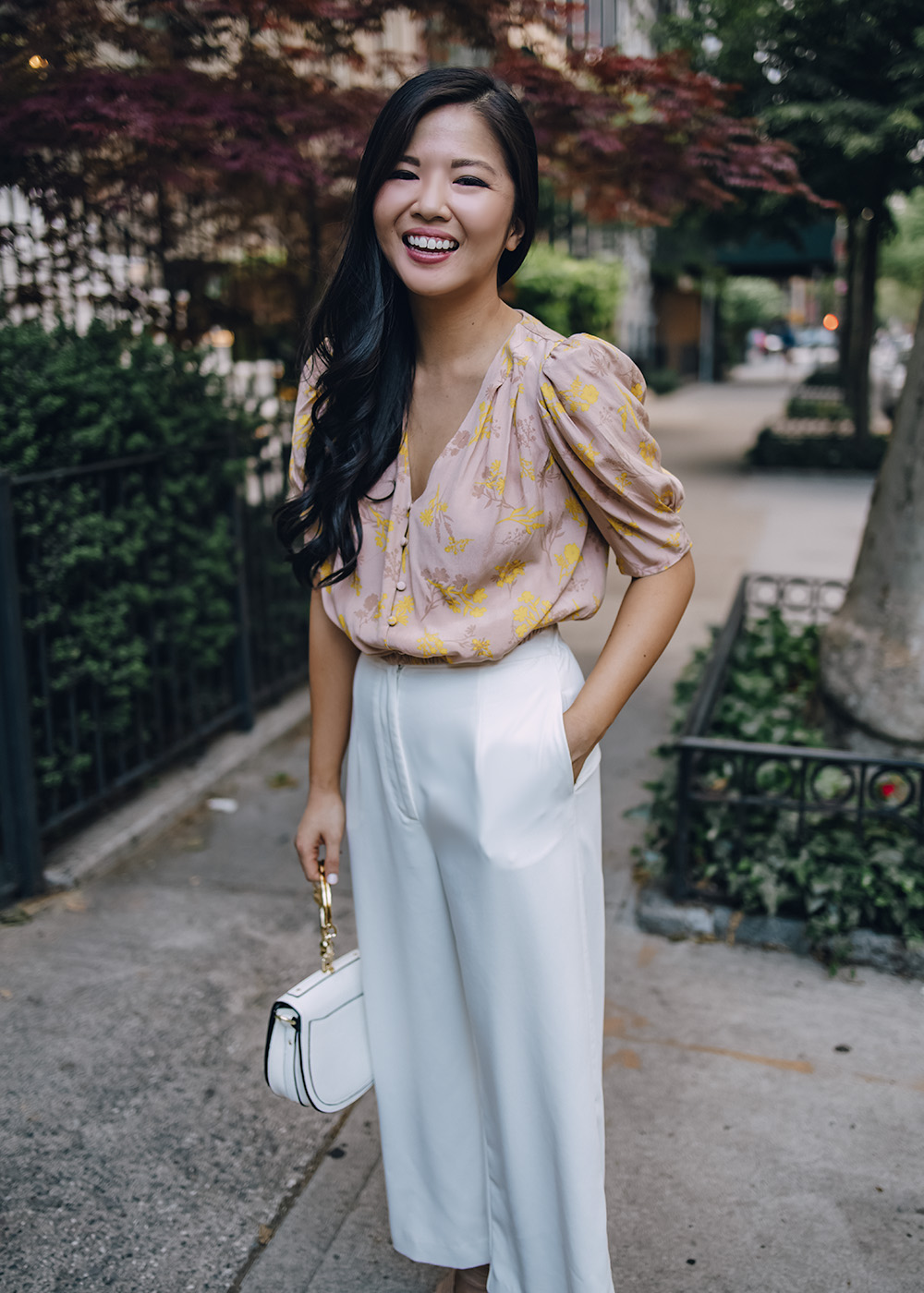 Spring Work Outfit for Women: Floral Top & White Wide Leg Pants