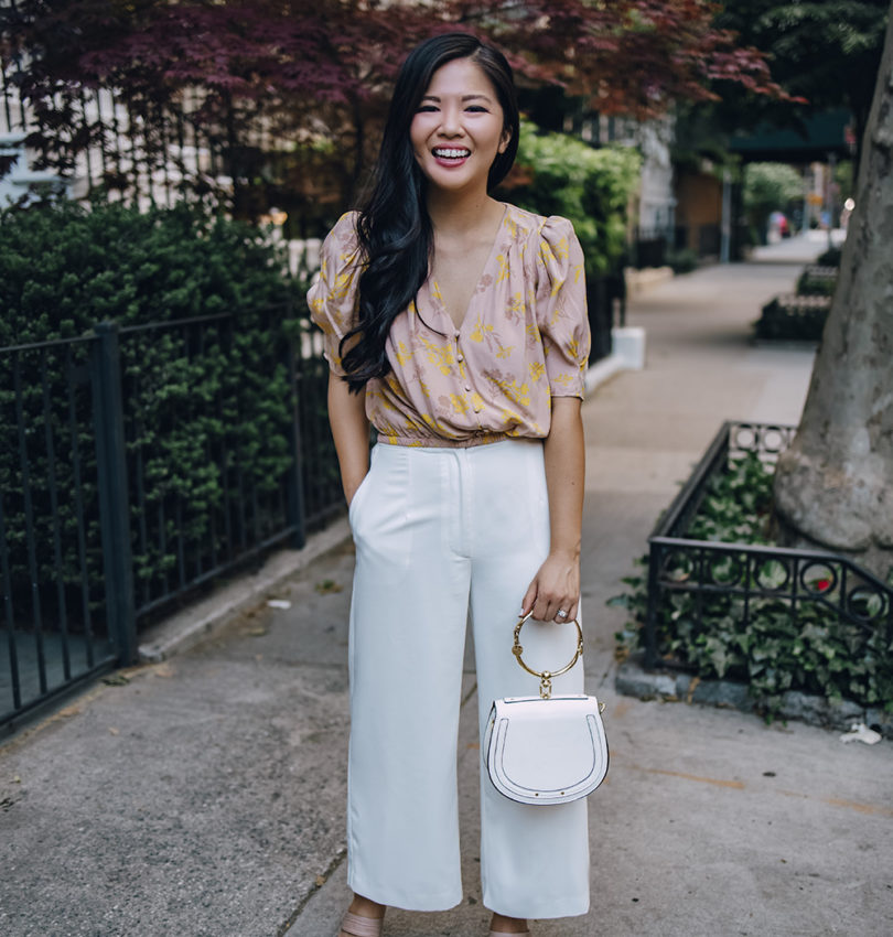 Spring Work Outfit for Women: Floral Top & White Wide Leg Pants