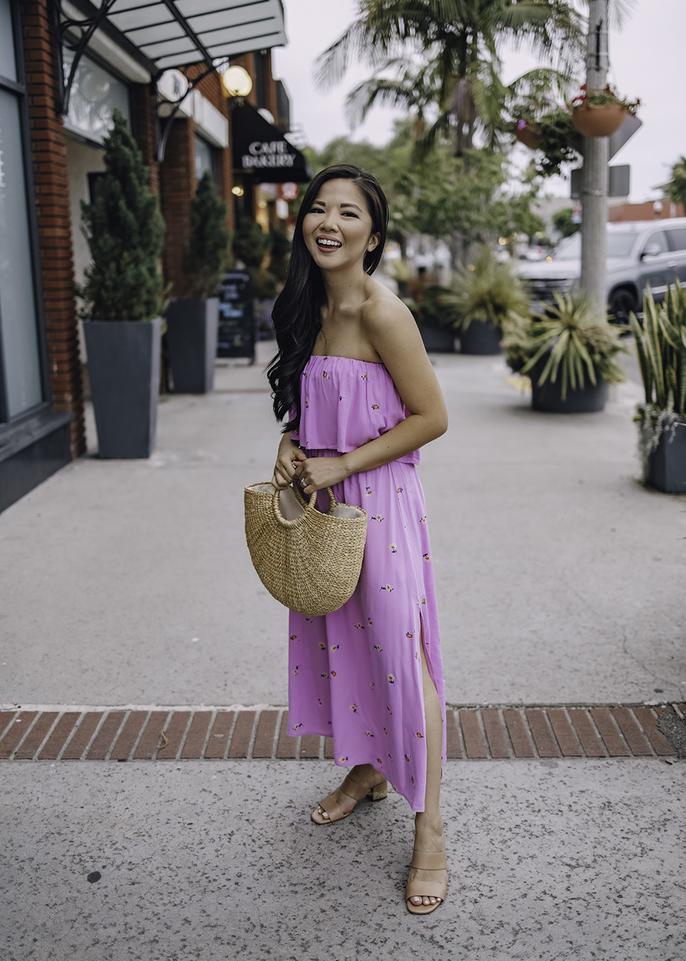 Summer Outfit: Pink Strapless Floral Dress