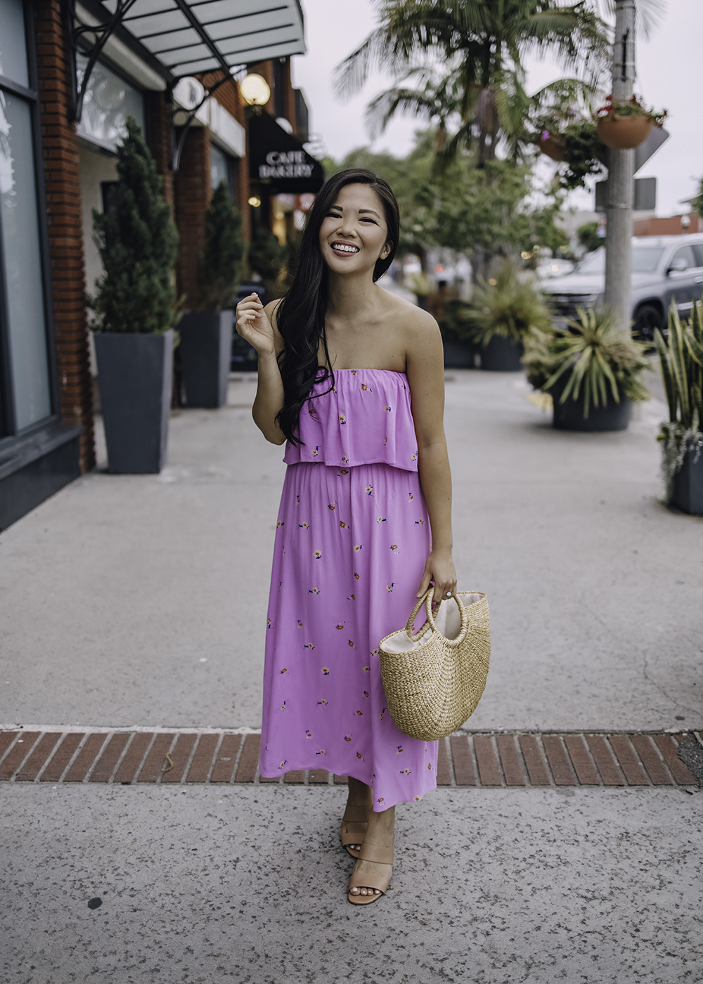 Summer Outfit: Pink Strapless Floral Dress