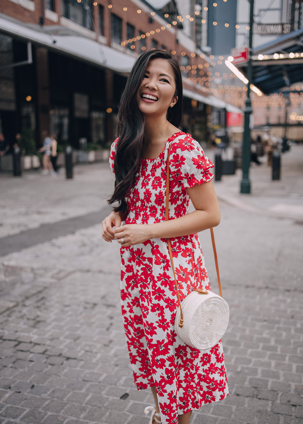 Bright Summer Outfit for Women: Red Floral Dress with Puff Sleeves