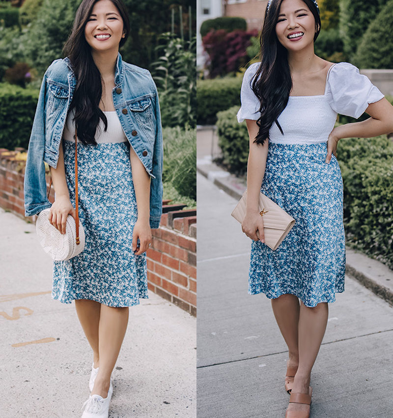 Casual Summer Outfits for Women: White Top, Blue Floral Midi Skirt