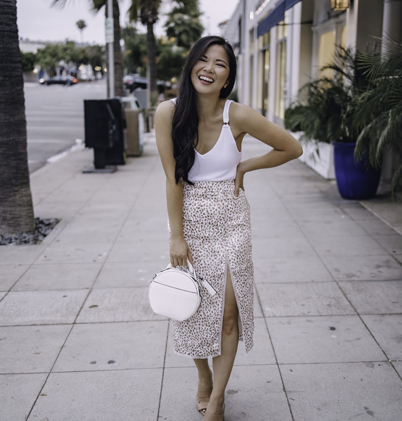 Summer Date Night Outfit: White Tank & Neutral Leopard Skirt